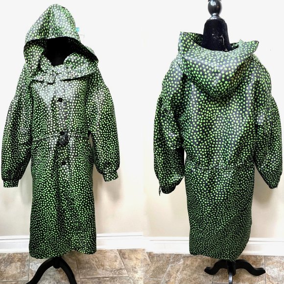 Vintage Womens Raincoat by Marielle Fleury Black Lime Green Polka Dots Size 8 M - Picture 1 of 6
